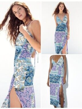 NWT ZARA Patchwork Paisley Maxi Dress in Blue & Lilac XS